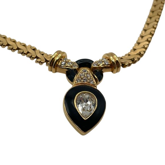 Vintage CORO China Crystal and Black Enamel Gold Tone Pendant Herringbone - Picture 4 of 7